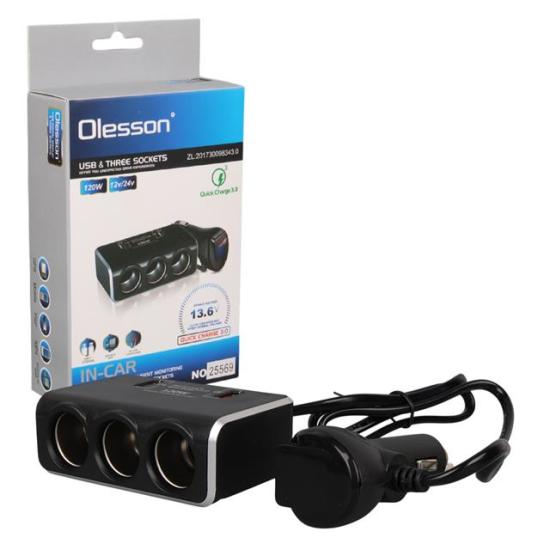 Olesson 1639 12-24V Çift USB Girişli Hızlı Şarj Destekli 120W 80cm Kablolu Dijital Voltaj Ekranlı 3’lü Araç Çakmak Çoklayıcı