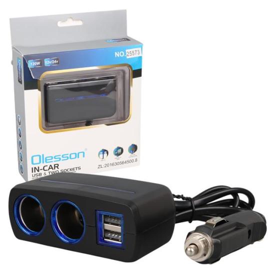 Olesson 1638 12-24V Çift USB Girişli 120W 80 CM Kablolu 2’LI Araç Çakmak Çoklayıcı