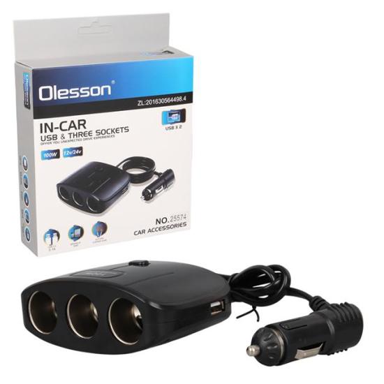 Olesson 1635 12-24V Çift USB Girişli 100W 70 CM Kablolu 3’LÜ Araç Çakmak Çoklayıcı 100x66x40mm
