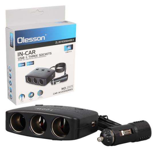Olesson 1636 12-24V Çift USB Girişli 100W 70 CM Kablolu 3’LÜ Araç Çakmak Çoklayıcı