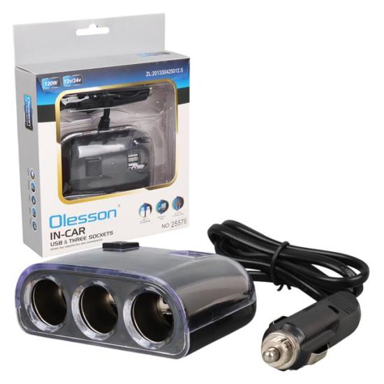 Olesson 1505 12-24V Çift USB Girişli 120W 80cm Kablolu 3’LÜ Araç Çakmak Çoklayıcı