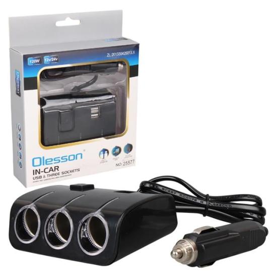 Olesson 1506 12-24V Çift USB Girişli 120W 80 CM Kablolu 3’LÜ Araç Çakmak Çoklayıcı