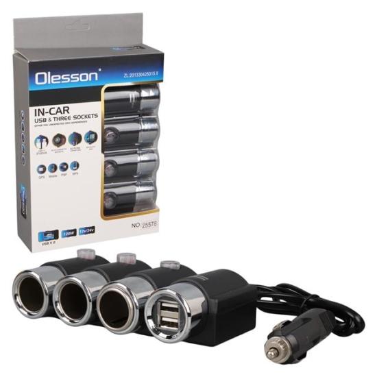 Olesson 1508 12-24V Çift USB Girişli 120W 80cm Kablolu 3’lü Araç Çakmak Çoklayıcı