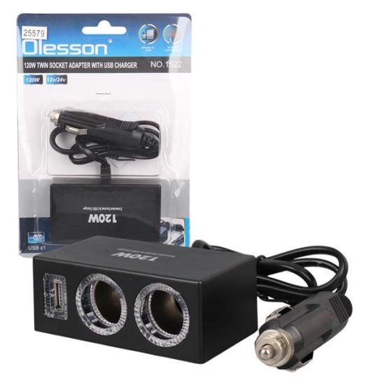 Olesson 1522 12-24V Tek USB Girişli 120W 80cm Kablolu 2’li Araç Çakmak Çoklayıcı