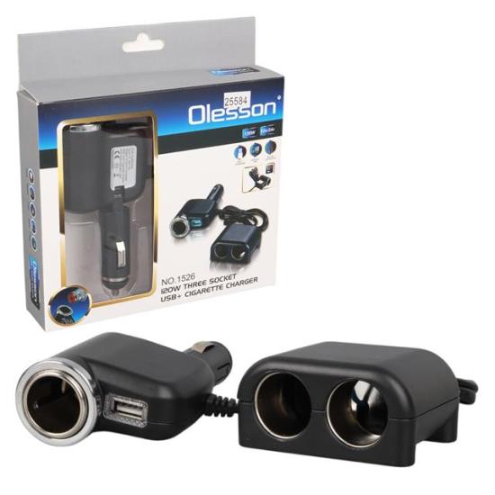 Olesson 1526 12-24V Tek USB Girişli 120W 80 CM Kablolu 3’LÜ Araç Çakmak Çoklayıcı