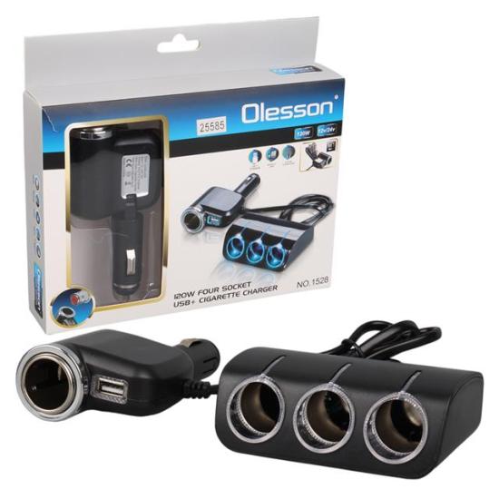 Olesson 1528 12-24V Tek USB Girişli 120W 80cm Kablolu 3’LÜ Araç Çakmak Çoklayıcı
