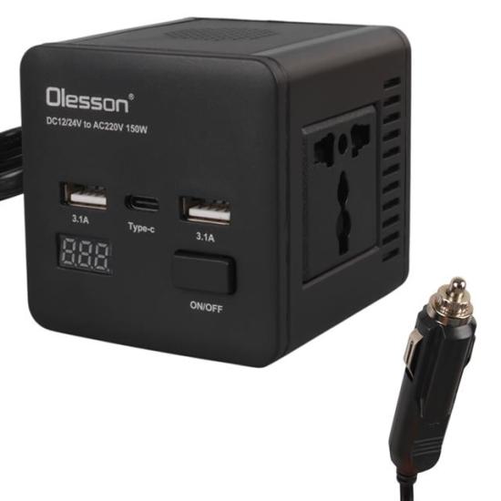 Olesson 1663 DC 12-24V 150W Oto Araç Power İnverter TYPE-C - Çift USB - 220V Üniversal Priz Girişli