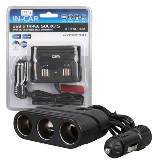 Olesson 1678 12-24V 4 USB Girişli 120W 80cm Kablolu 3’lü Araç Çakmak Çoklayıcı