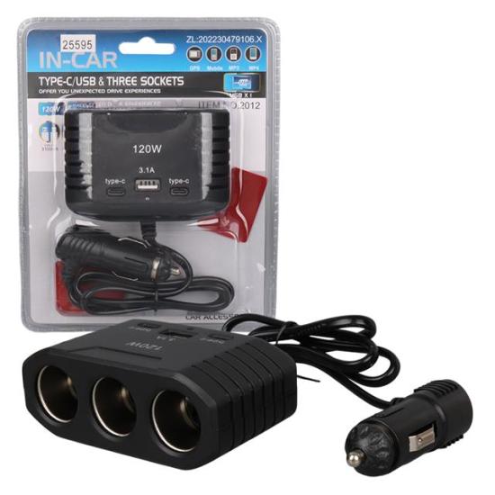 Olesson 2012 12-24V Çift TYPE-C - Tek USB Girişli 120W 80cm Kablolu 3’LÜ Araç Çakmak Çoklayıcı