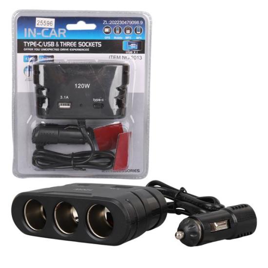 Olesson 2013 12-24V TYPE-C + USB Girişli 120W 80 CM Kablolu 3’lü Araç Çakmak Çoklayıcı