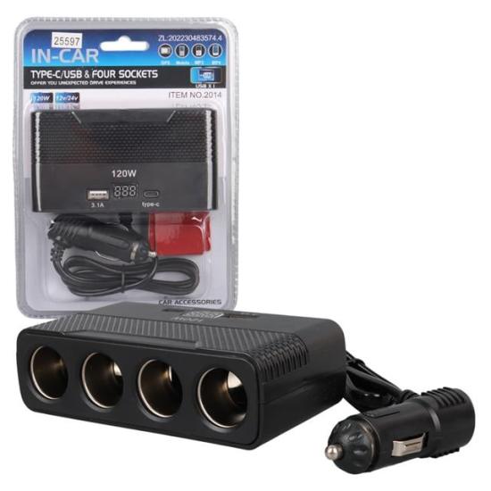 Olesson 2014 12-24V Type-C + USB-A Girişli 120W 80cm Kablolu 4’lü Araç Çakmak Çoklayıcı