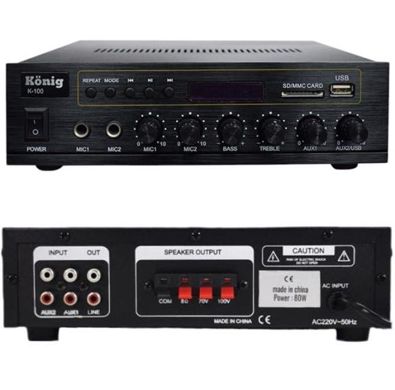 König K-100 USB-SD-Bluetooth Destekli 2 Mik. Giriş 8 Ohm 100/70v 80 Watt Trafolu Anfi