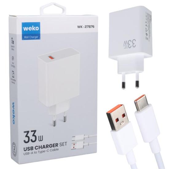 Weko WK-27876 M11 Beyaz 33 Watt Turbo Usb Şarj Başlık Adaptörü + Type-C Kablo