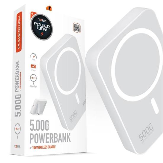 Powerway 5.000mAh PD15W Magsafe Kablosuz Wireless Taşınabilir Şarj Cihazı Beyaz Powerbank TXM5