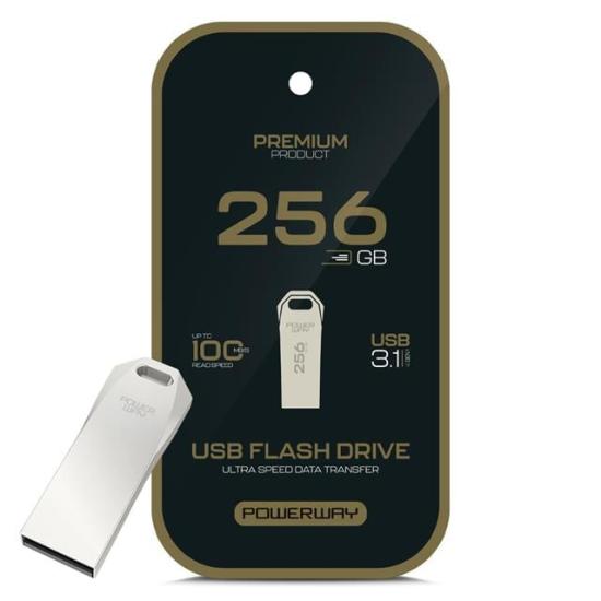 Powerway Premium 256 GB 100MB/S Ultra Hızlı USB 3.1 Metal Silver Flash Bellek