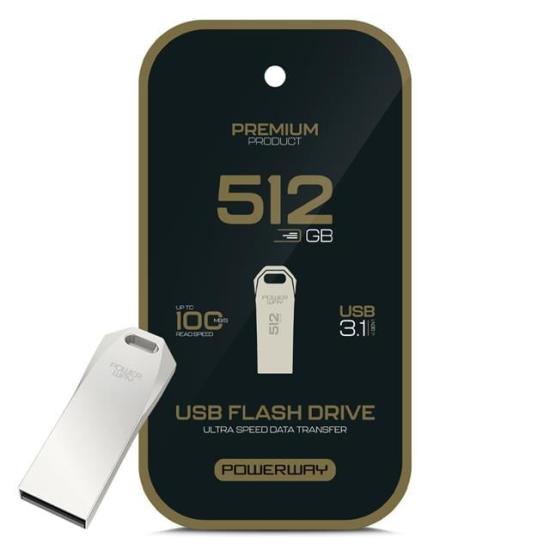 Powerway Premium 512 GB 100MB/S Ultra Hızlı USB 3.1 Metal Silver Flash Bellek