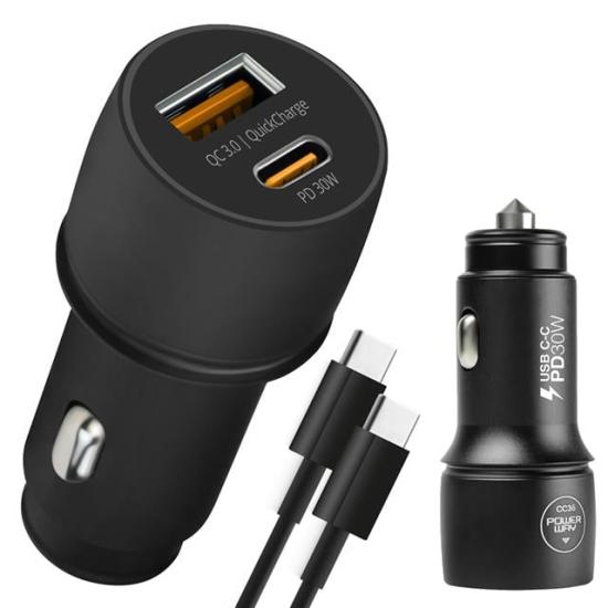 Powerway CC36 30W PD + QC 3.0 Çift Çıkışlı Metal Araç Çakmaklık Hızlı Şarj Kablolu Set