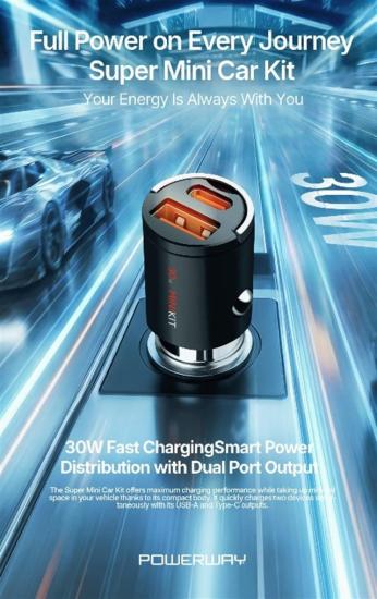 Powerway MiniKit 30W Super PD & QC 4.0 Çift Çıkışlı Hızlı Ultra Kompakt Metal Araç Şarj Cihazı