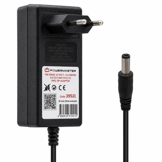 Powermaster PM-39531 Siyah 12 Volt - 2.5 Amper Plastik Kasa 5.5*2.5 Mm Yaylı Uç Priz Tipi Adaptör