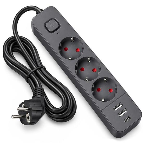 S-Link SPG03U 2 Usb + 1 Type C 5V2.4A 3X1.0mm Bakır 1.5M Kablo 750 Joule 3’lü Anahtarlı Siyah Akım Korumalı Priz